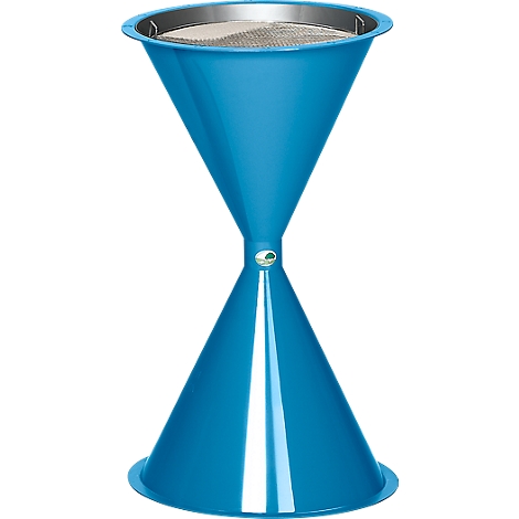 Blue funnel with metal mesh, conical, connected like a stem.
