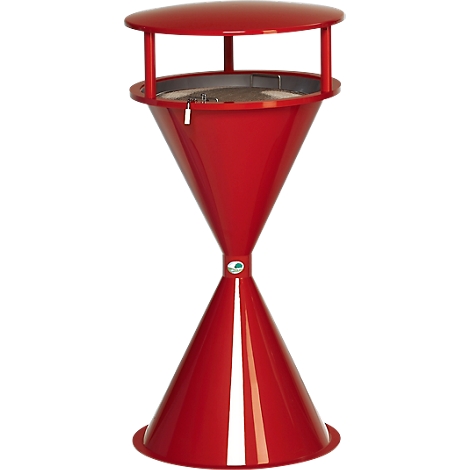 Red trash can with a conical shape, an upper lid, and a lower base, on a white background.