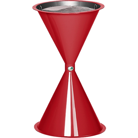Red hourglass-shaped sand filter. Metal mesh on top edge.