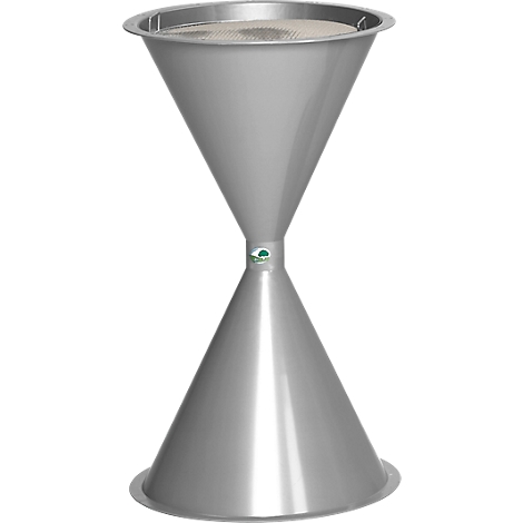 Hourglass-shaped, metallic funnel; conical at the top and bottom, narrowly connected in the middle.
