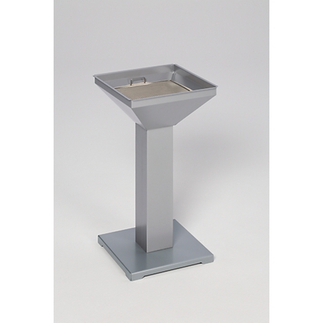 Gray metal urn on square base. Top bowl is square with a handle.