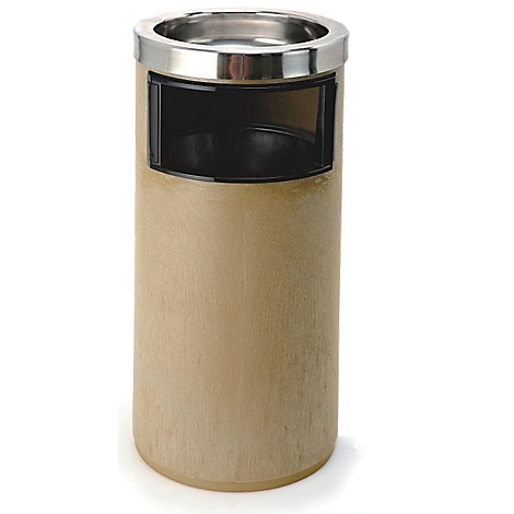 Cylindrical trash can made of wood imitation with stainless steel rim and opening.