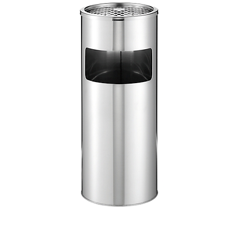 Cylindrical silver ashtray with a square opening. A grid on top, a small round foot at the bottom.