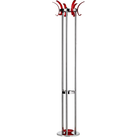Vertical photo of a modern, silver coat rack with red hooks and accents.