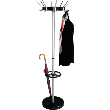 Coat stand with jacket, scarf, and umbrella. Black base, silver pole, coat hooks with knobs.