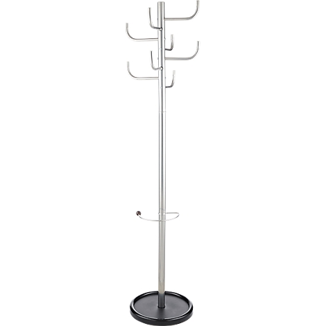 Silver coat stand with a round black base and hooks for hanging clothes.