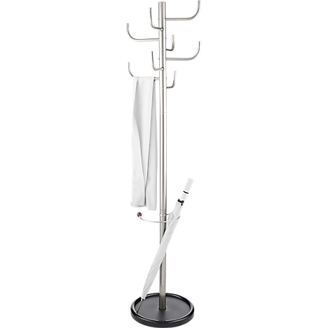 Metal coat stand. A white towel and an umbrella are hanging.