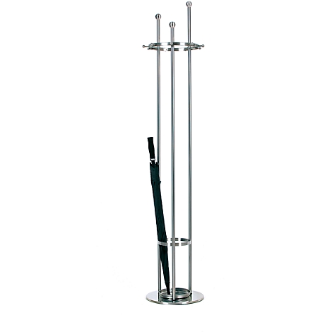 Silver umbrella stand with a black umbrella inside. The stand has a round base and holders.