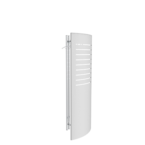 White, curved radiator with horizontal slits. Behind it a metallic frame, on the left a hanger.