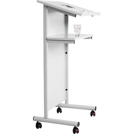 A white lectern with wheels, a shelf, and a glass of water. The lectern is slightly inclined.