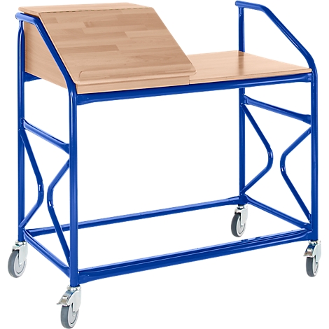 Blue metal frame with light brown wooden panels and wheels.