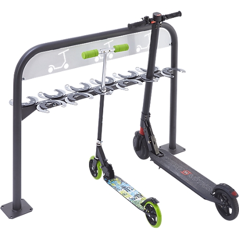 Two electric scooters in a gray scooter stand. On the right a black scooter, on the left a scooter with colorful details.