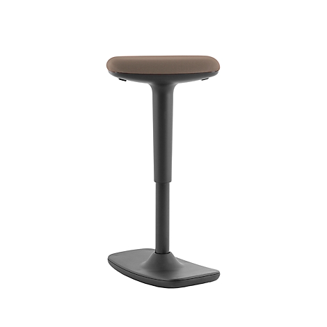 Standing stool with oval seat and black frame. The seat is brown.