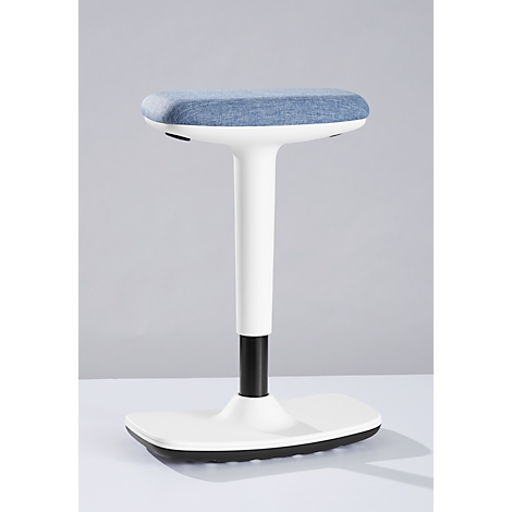 Stool, white frame, blue seat. The stool has an oval base, a black middle piece, and a padded seat.