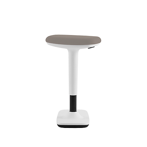 Standing stool against white background. Beige seat on white frame, black foot.