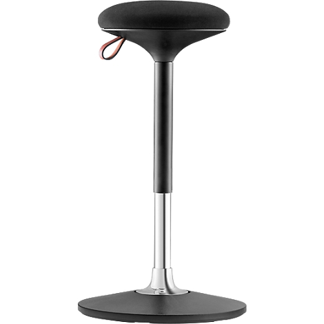 Black standing stool with round seat, handle and base.