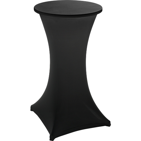 Black high table with a round lid. The fabric cover flares out on the sides.