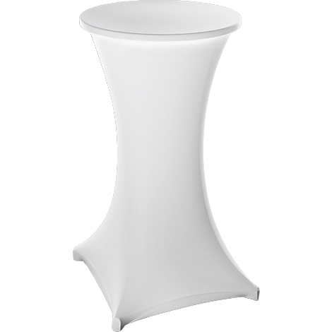 White high table with a round top and curved columns. On a neutral background.
