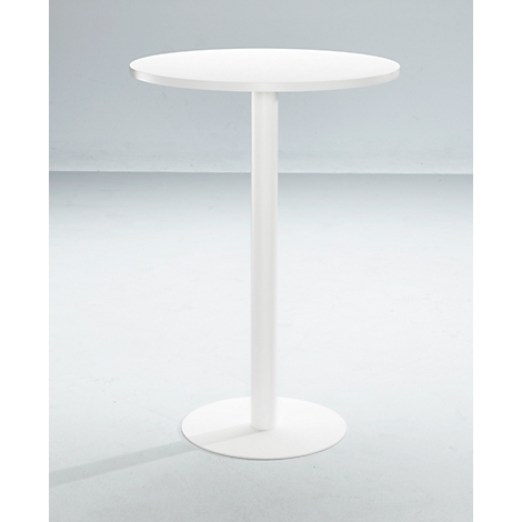 White bar table with a round tabletop and column base.