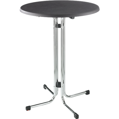 Round, black bar table with chrome-plated frame. Four-legged base, plastic table top.