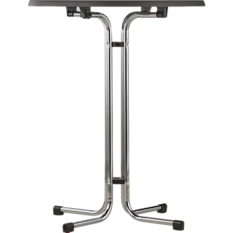 High table with rectangular black table top and chrome-plated, U-shaped metal frame.