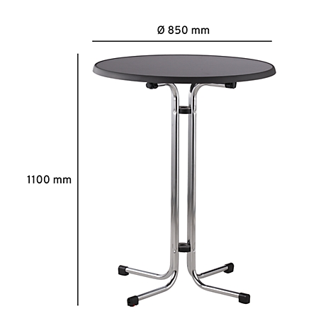 A black, round bar table with a silver frame. The diameter is 850 mm at the top, the height is 1100 mm.