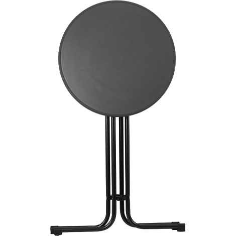 A round, gray table with three slender legs. The legs are connected by a metal frame.