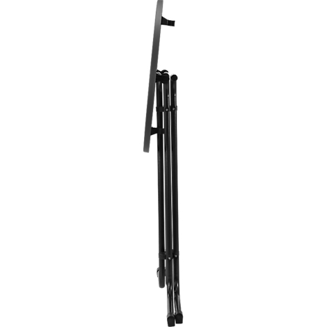 Black tripod, photographed in perspective from below.