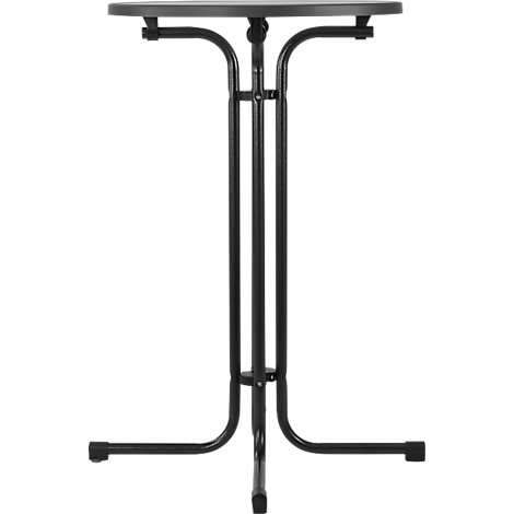 A black high table with a round tabletop. The frame consists of three legs that meet at the bottom.