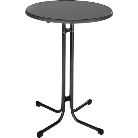 A round, grey high table with a black frame that forks downwards.