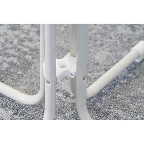Close-up of white, three-legged frame with connecting pieces.