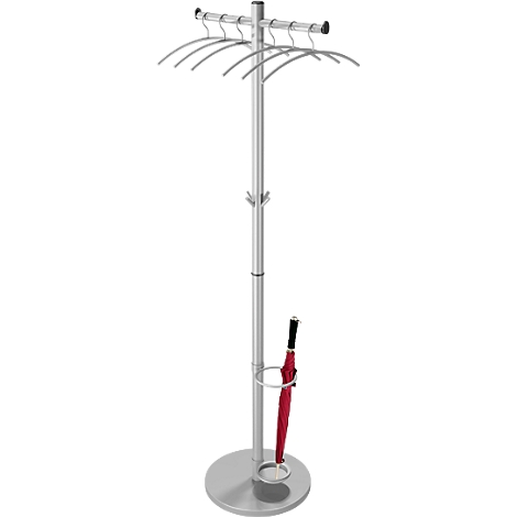 A silver coat stand with hangers, hooks and a red umbrella.