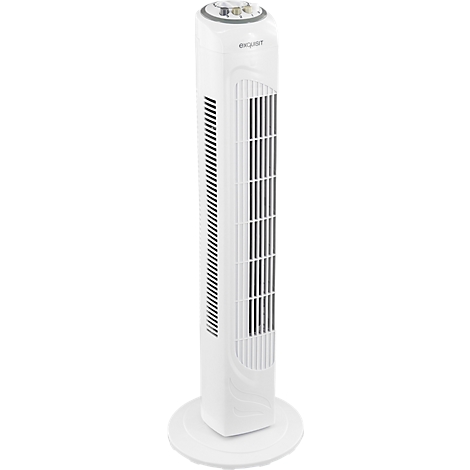 Weißer Turmventilator mit rundem Fuß. Front mit Lamellen, oben Bedienelemente.