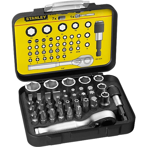 Black toolbox with various wrenches, sockets and bits. Yellow insert with size specifications and brand name.
