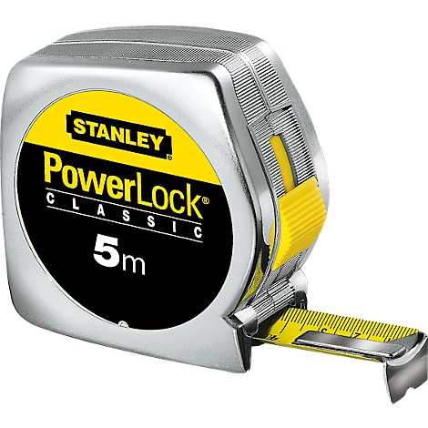 Silbernes Stanley PowerLock-Maßband. Gelber Akzent, Maßband herausgezogen, 5m. Schwarz-gelbes Zifferblatt.