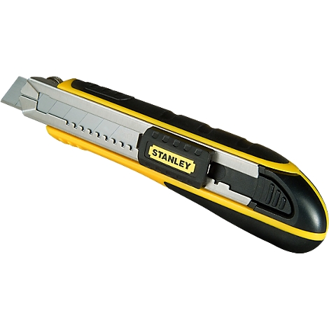 Yellow and black Stanley utility knife on white background. The handle says 'Stanley'.