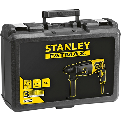 Black tool case with yellow and black hammer drill, says 'STANLEY FATMAX'.