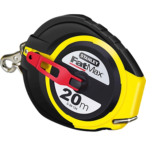 Yellow and black Stanley FatMax tape measure, red handle, 20m.