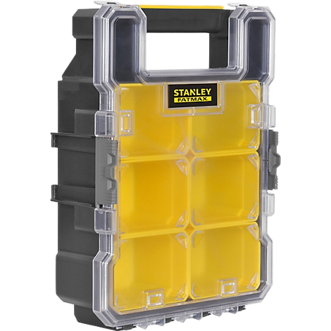 Transparent tool box with yellow compartments; black handle, inscription: Stanley FatMax.