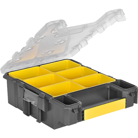 An open, gray toolbox with yellow compartments. The transparent lid is raised.