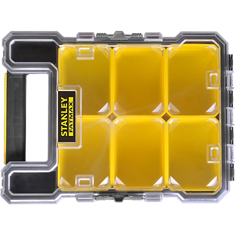 Yellow and transparent Stanley FatMax storage box with six compartments and a carrying handle. With lettering.
