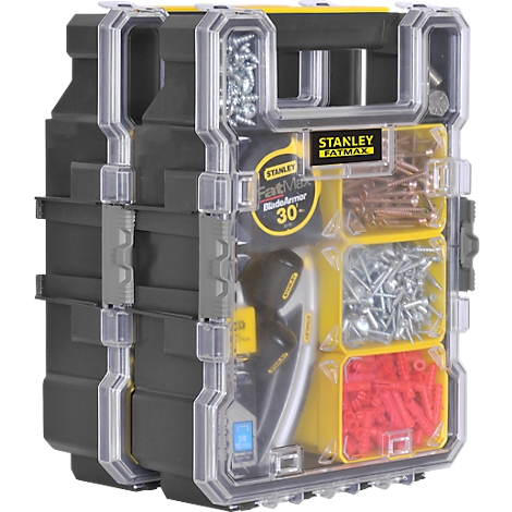 Black toolbox with transparent lid and yellow compartments, filled with screws and tools. Inscription: STANLEY FATMAX.