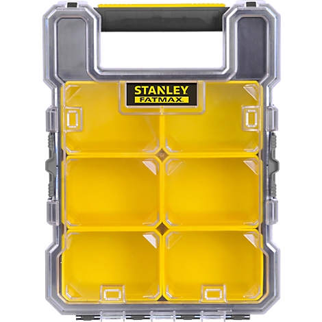 Yellow STANLEY FATMAX toolbox with transparent compartments and carrying handle.