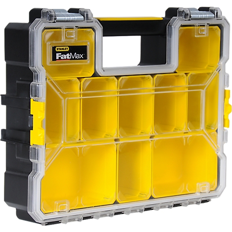 Yellow and black toolbox with transparent lid and compartments.