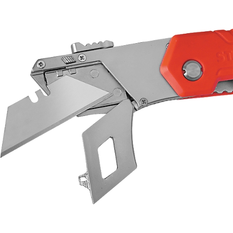 Detailed view of an extended silver utility knife with orange handle.
