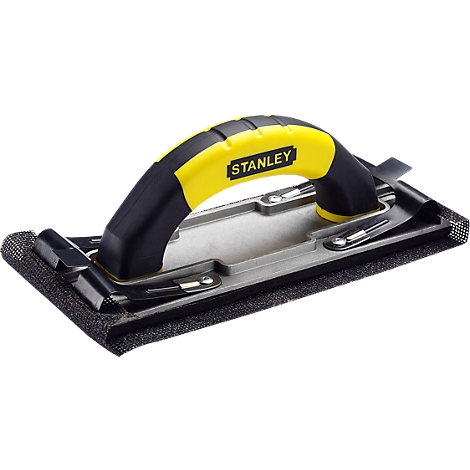 Yellow and black sanding block with handle. Inscription: STANLEY. Metal frame to which the sandpaper is attached.