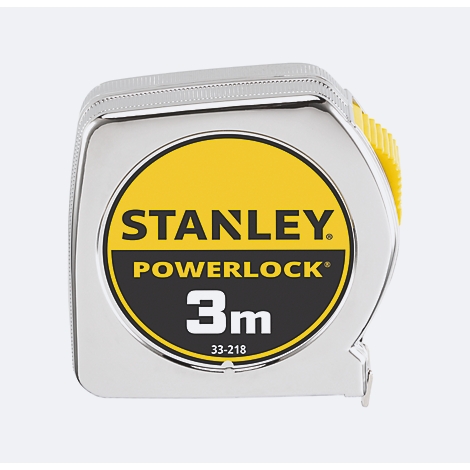 Stanley Powerlock rolmaat, 3 meter, in een verchroomde behuizing met gele opdruk.