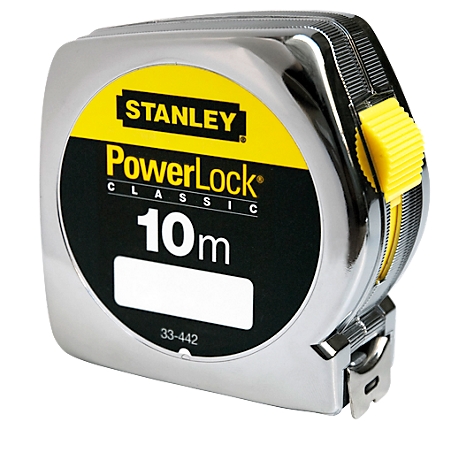 A silver STANLEY PowerLock tape measure. The yellow sticker reads "PowerLock Classic 10m". Yellow button for retraction.