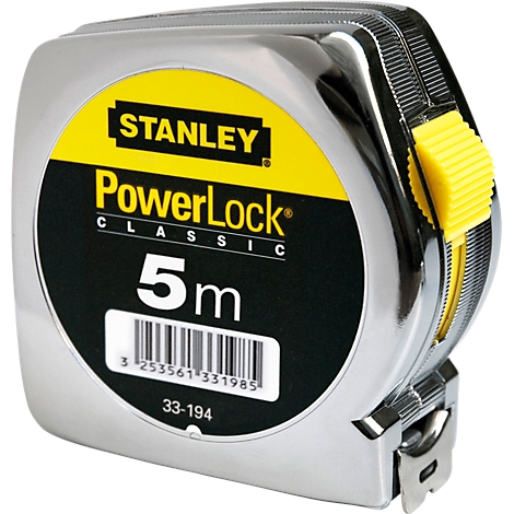 Chromed STANLEY PowerLock measuring tape. Black text on yellow background: 5m. Yellow locking button.