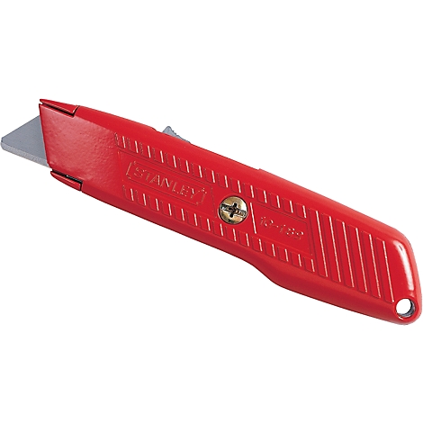 Red Stanley utility knife at an angle, blade extended. Manufacturer logo and model name on the handle.